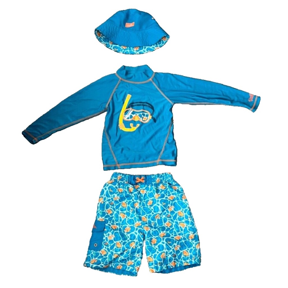 UV Skinz Boys Matching Snorkle Rash Guard Top, Fish Swim Trunks & Hat Size 7